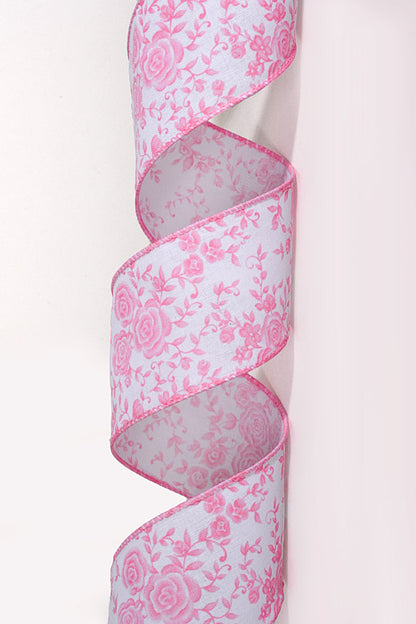 2.5" x 10Yds Wired White Linen Ombre Roses Ribbon Pink