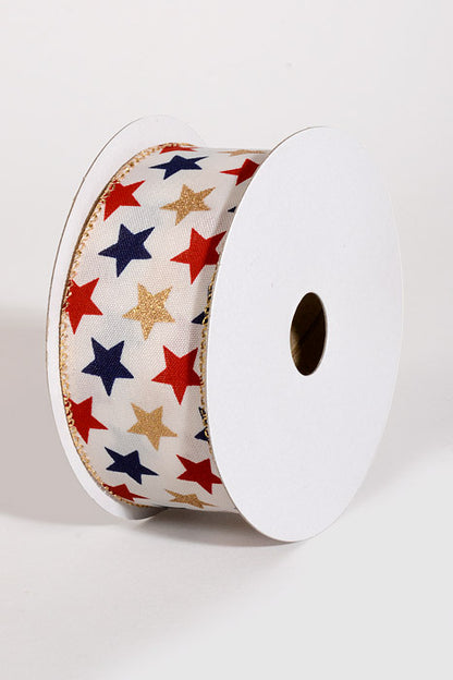 1.5" x 10Yds Wired Ivory Satin Glittered Stars Ribbon Navy/Red/Gold