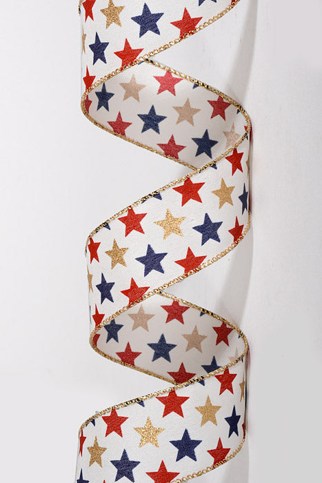 1.5" x 10Yds Wired Ivory Satin Glittered Stars Ribbon Navy/Red/Gold