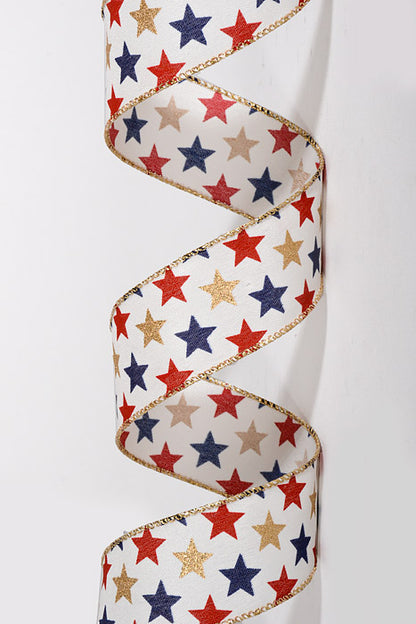 1.5" x 10Yds Wired Ivory Satin Glittered Stars Ribbon Navy/Red/Gold