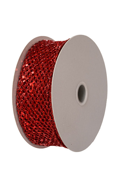 1.5" X 10Yds Wired Mega Glitter Net Ribbon Red