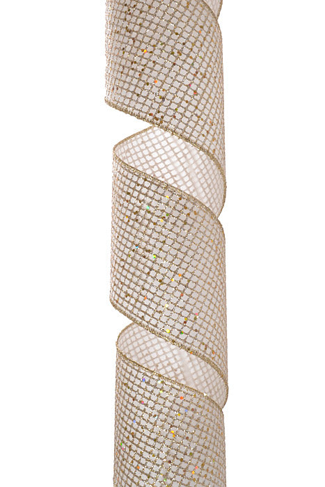 4" X 10Yds Wired Taffeta Glitter Mesh Ribbon Gold/Ivory