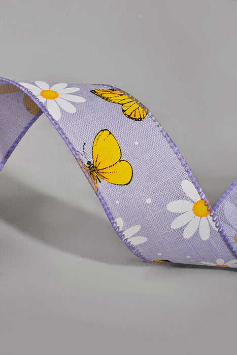 1.5" x 10Yds Wired Lavender Linen White Daisies Yellow Butterfly Ribbon