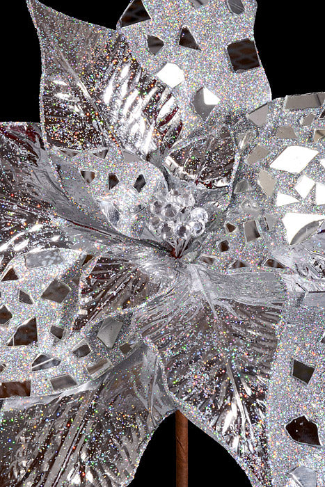 32&quot; Glitter W/Metallic Jewel Poinsettia Stem Silver