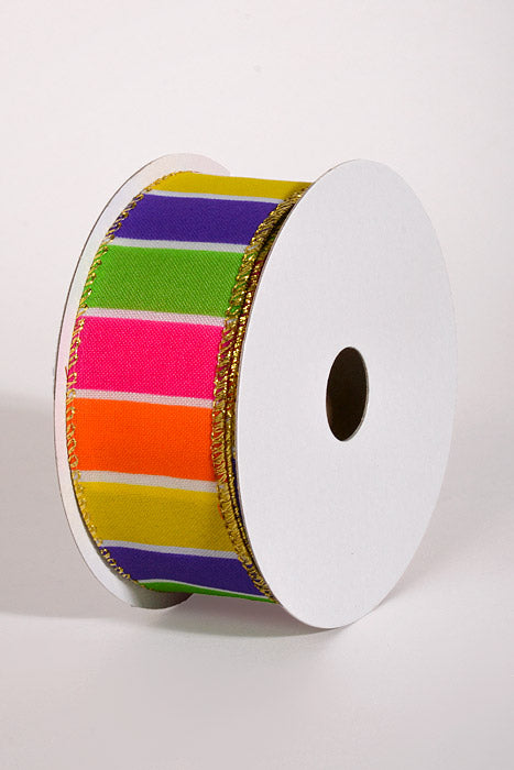 1.5" x 10Yds Wired Wide Stripes W/Gold Edge Ribbon Orange/Yellow/Fuchsia/Lime/Purple