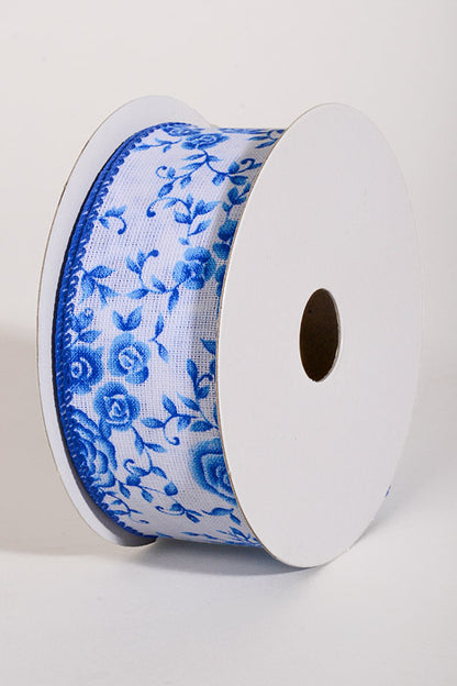1.5" x 10Yds Wired White Linen Ombre Roses Ribbon Cobalt