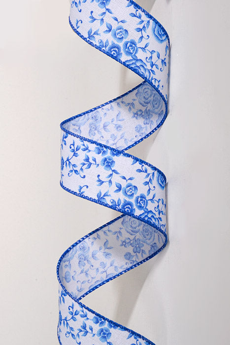 1.5" x 10Yds Wired White Linen Ombre Roses Ribbon Cobalt