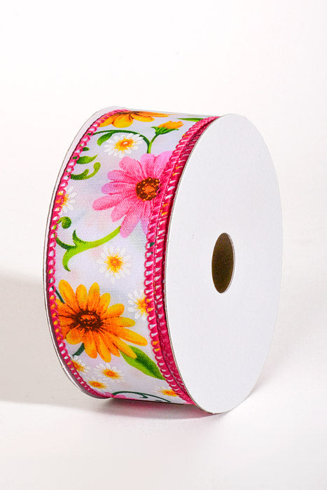 1.5" x 10Yds Wired White Satin Daises Ribbon Pink/Yellow