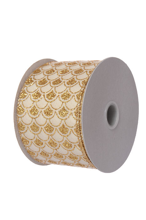 2.5" X 10Yds Wired Satin Glitter Fish Scales Pattern Ribbon White/Gold