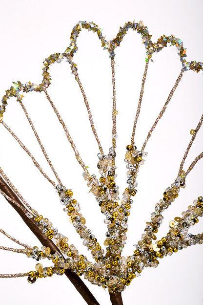 28" Glitter Beaded Sequin Gingko Spray Champagne