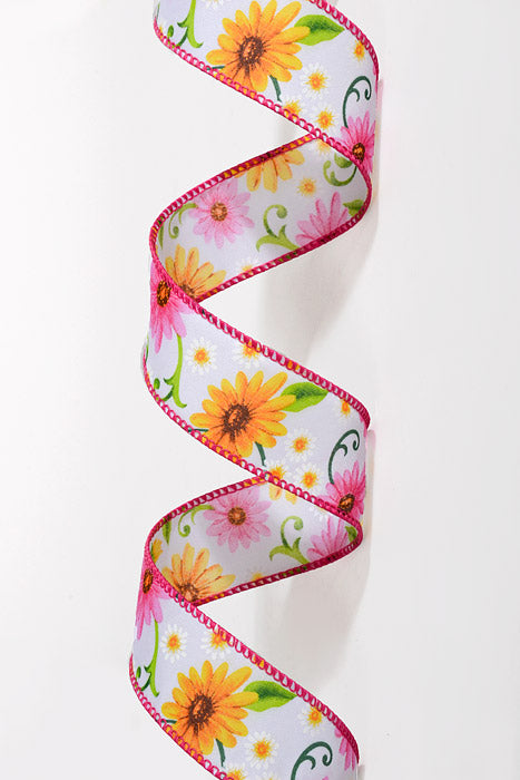 1.5" x 10Yds Wired White Satin Daises Ribbon Pink/Yellow