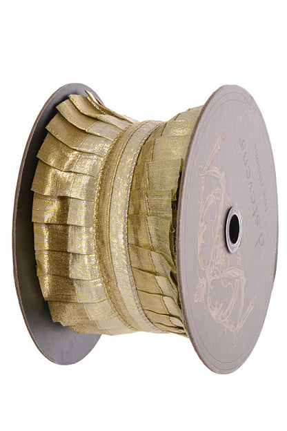 4" X 5Yds Wired Metallic Dupion Pleated Ruffle Ribbon Platinum/Gold