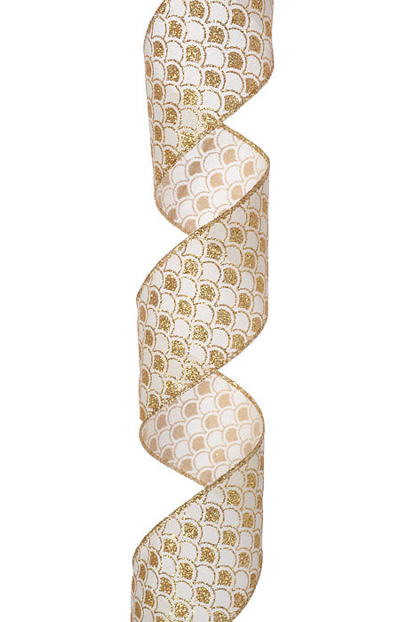 2.5" X 10Yds Wired Satin Glitter Fish Scales Pattern Ribbon White/Gold
