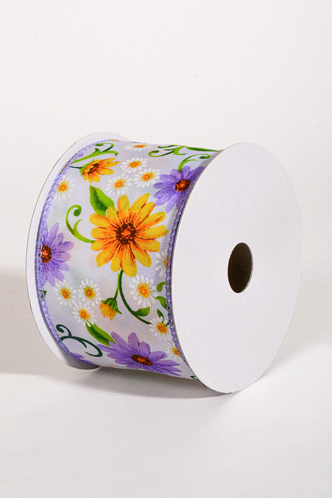 2.5" x 10Yds Wired White Satin Daises Ribbon Lavender/Yellow