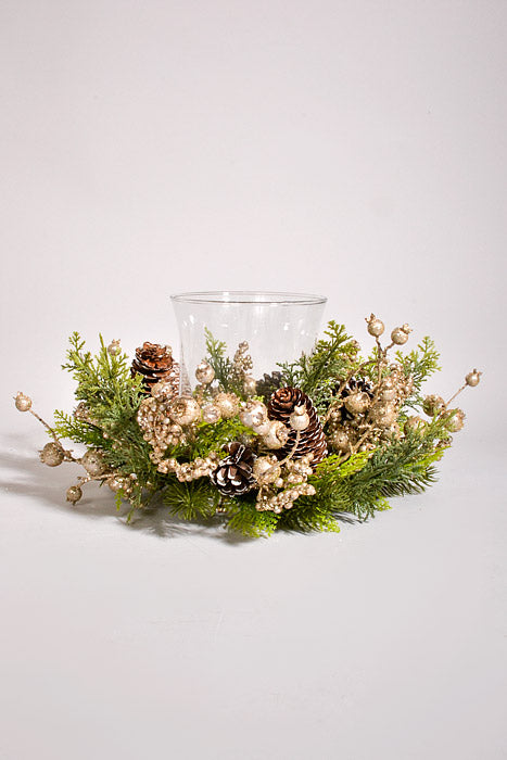 16" Berry Cone Pine Glass Candle Holder Champagne