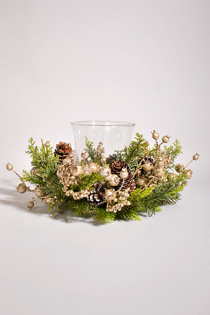 16" Berry Cone Pine Glass Candle Holder Champagne