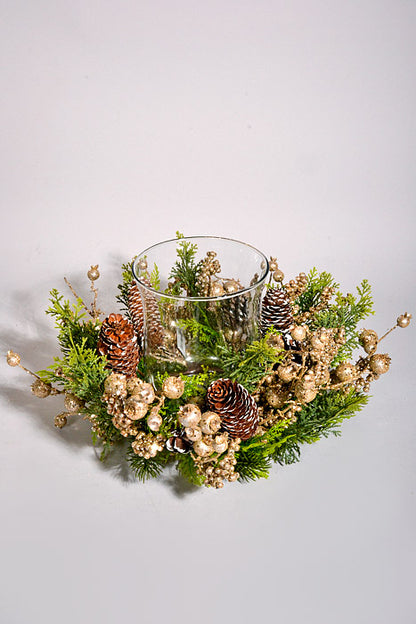 16" Berry Cone Pine Glass Candle Holder Champagne