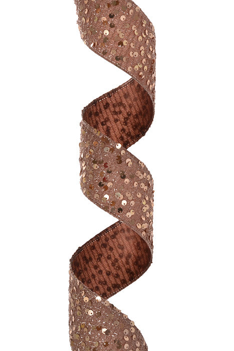 2.5" X 10Yds Wired Sequin Tinsel Ribbon Brown