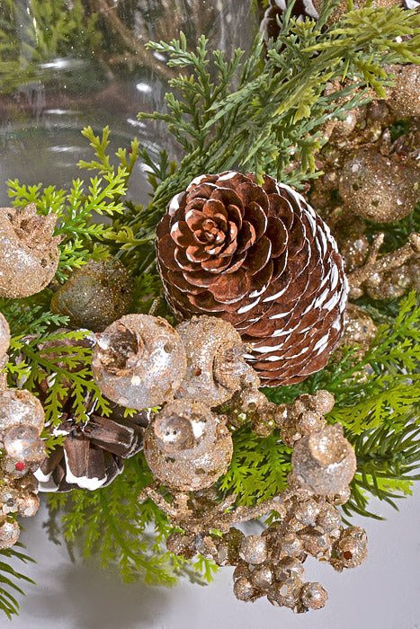 16" Berry Cone Pine Glass Candle Holder Champagne