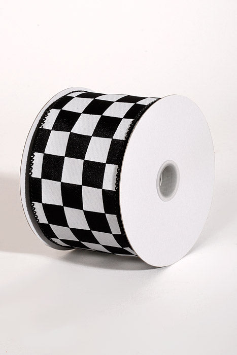 2.5" X 10Yds Wired Satin Race Check Ribbon White/Black