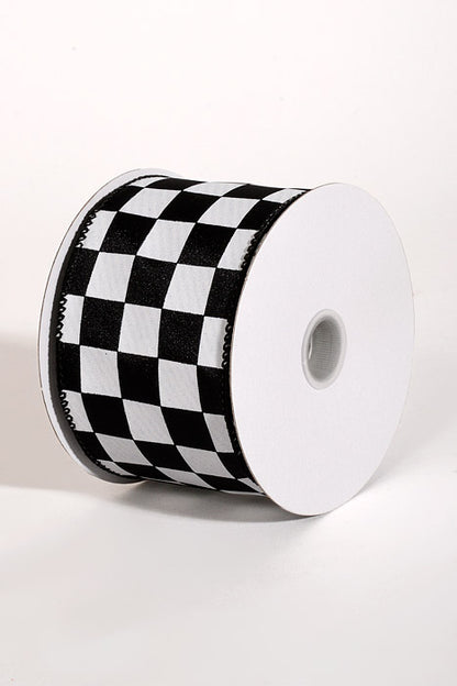 2.5" X 10Yds Wired Satin Race Check Ribbon White/Black