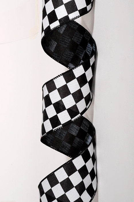2.5" X 10Yds Wired Satin Race Check Ribbon White/Black
