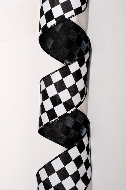 2.5" X 10Yds Wired Satin Race Check Ribbon White/Black