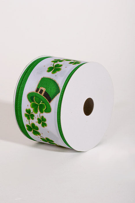 2.5" x 10Yds Wired White Linen Glitter Hat Shamrocks Ribbon Green/Gold
