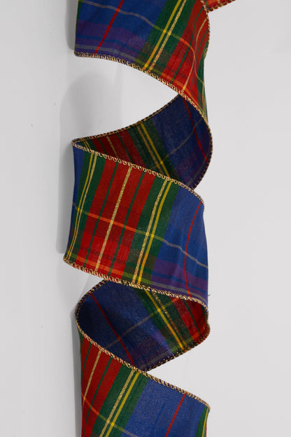 2.5" X 25Yds Wired Faux Dupioni Tartan Plaid Ribbon