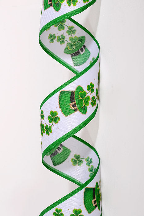 2.5" x 10Yds Wired White Linen Glitter Hat Shamrocks Ribbon Green/Gold