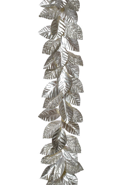 59" Glittered Metallic Magnolia Leaf Garland Platinum