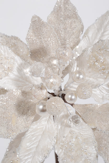 28" Jeweled Poinsettia Stem Pearl/White