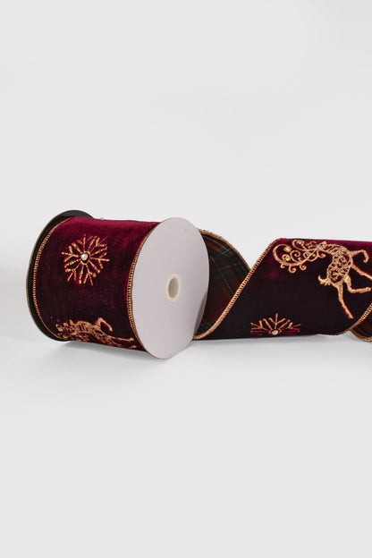 2.5" X 10Yds Wired Glitter Ribbon W/Deer Burgundy