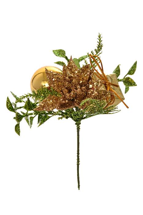 7.5" Poinsettia/Giftbox/Ball Pick Gold Pkg/12