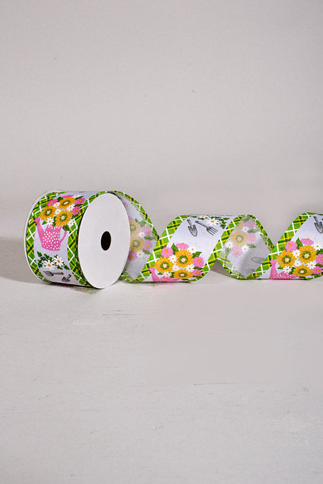 2.5" X 10Yds Wired Linen Watering Can Flowers Ribbon White/Pink