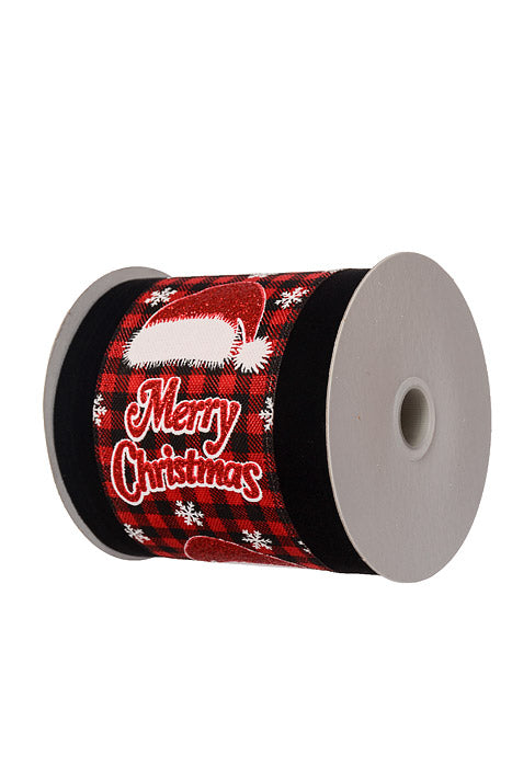 4" X 10Yds Wired Merry Christmas/Christmas Hat Velvet Edge Ribbon Red/Black
