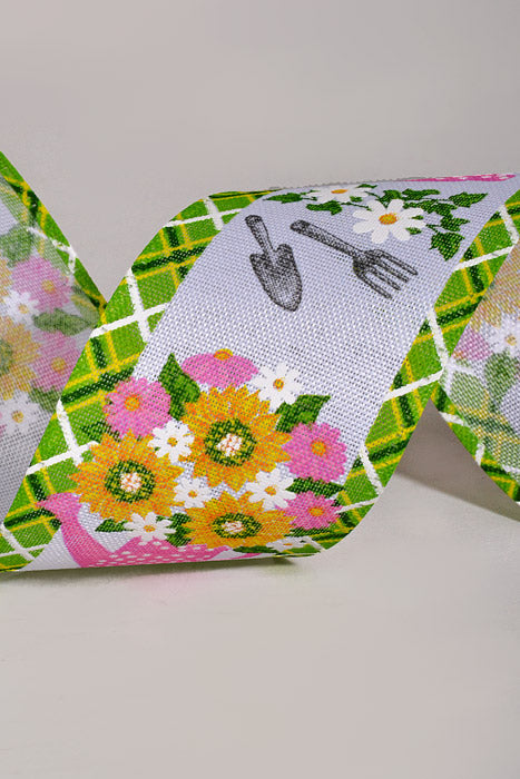2.5" X 10Yds Wired Linen Watering Can Flowers Ribbon White/Pink
