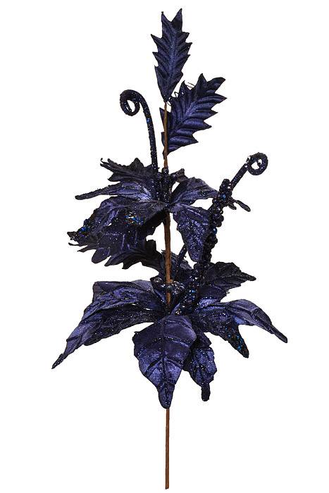 26" Velvet Glittered Poinsettia Swag Midnight Blue