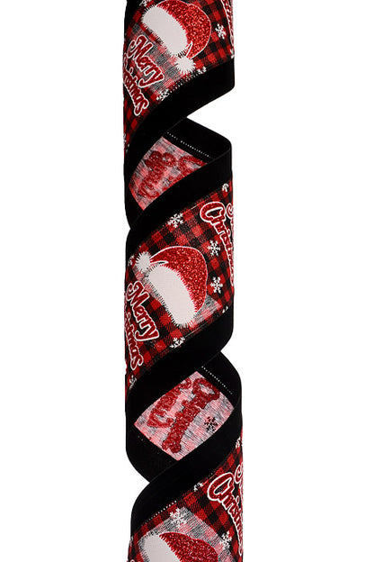 4" X 10Yds Wired Merry Christmas/Christmas Hat Velvet Edge Ribbon Red/Black