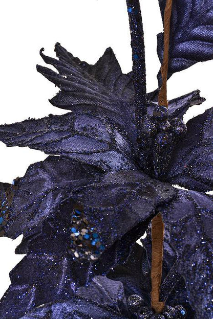 26" Velvet Glittered Poinsettia Swag Midnight Blue