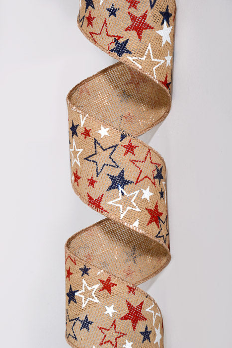 2.5" x 10Yds Wired Natural Burlap Stars Ribbon Navy/Red/White