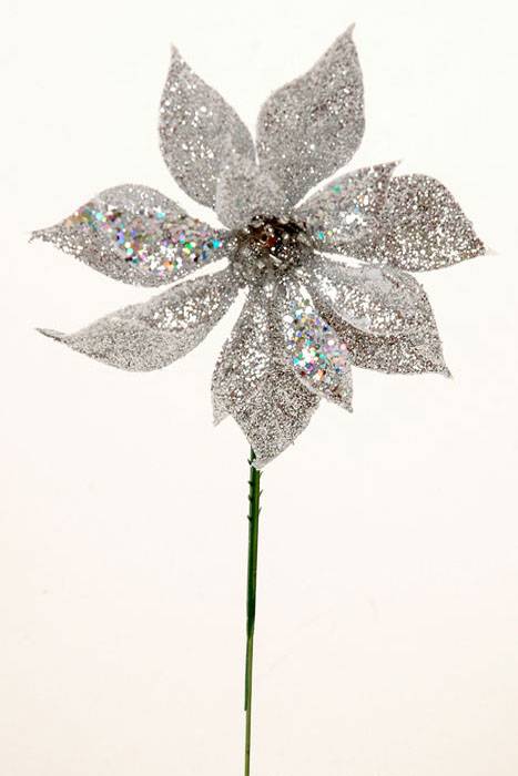 4" Glitter Poinsettia Pick Silver Pkg/12