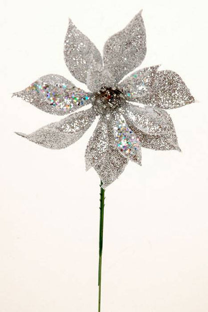 4" Glitter Poinsettia Pick Silver Pkg/12