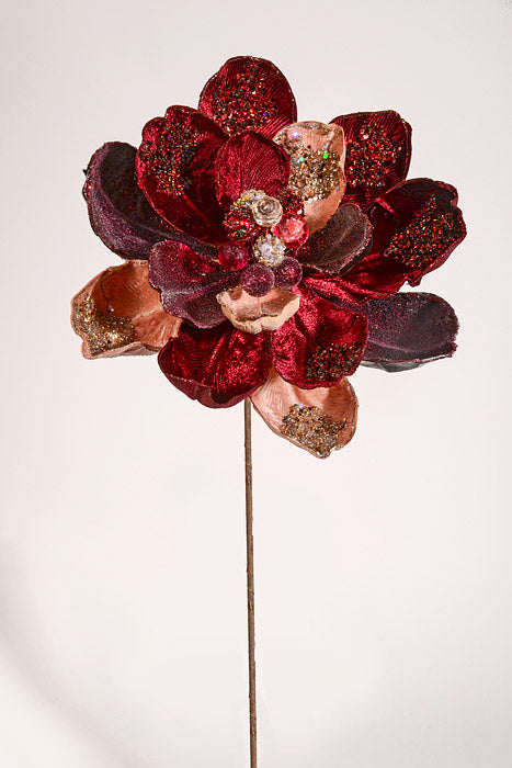 24" Iced Winter Magnolia Stem Burgundy/Pink