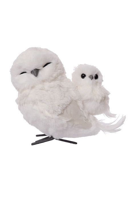 6" Feather Winter Owl With Baby White