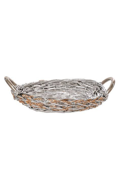 15.5" X 4" Oval Painted Silver Willow Basket W/ Gold Trim