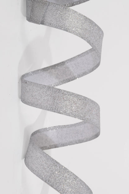 7/8" X 10Yds Wired All Flat Glitter Ribbon Silver