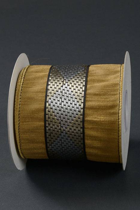 4" X 5yds Woven Metallic Strip Dupion Wired Ribbon Gold