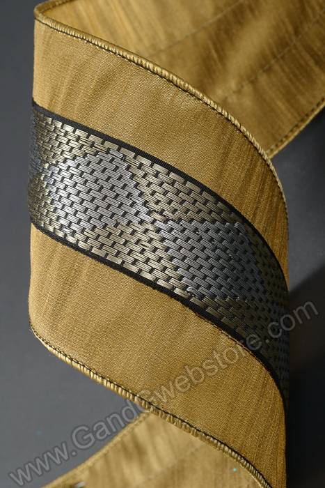4" X 5yds Woven Metallic Strip Dupion Wired Ribbon Gold