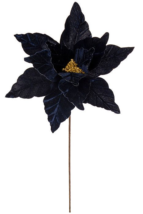 24" Velvet Glitter Center Poinsettia Stem Midnight Blue
